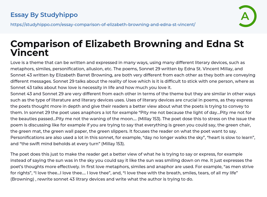 Comparison of Elizabeth Browning and Edna St Vincent Essay Example