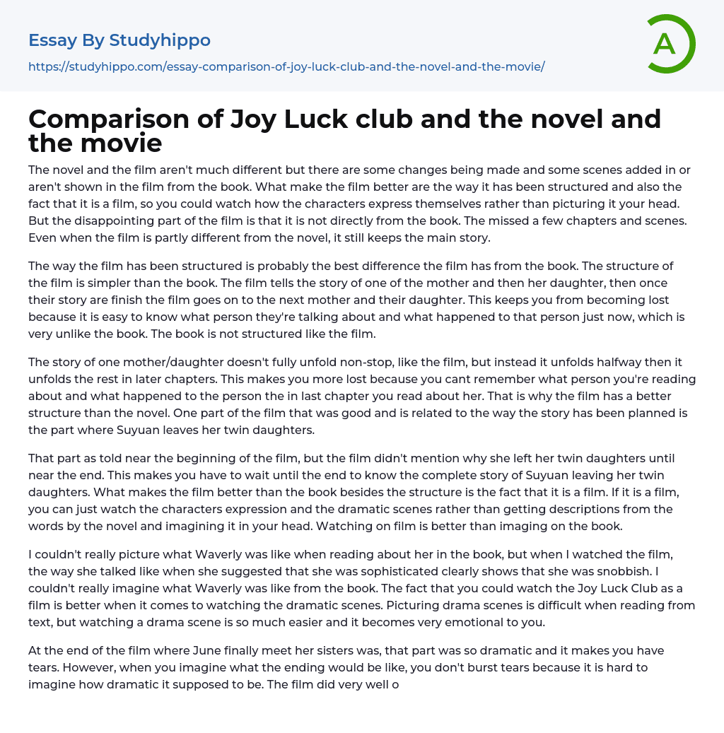 Comparison of Joy Luck club and the novel and the movie Essay Example