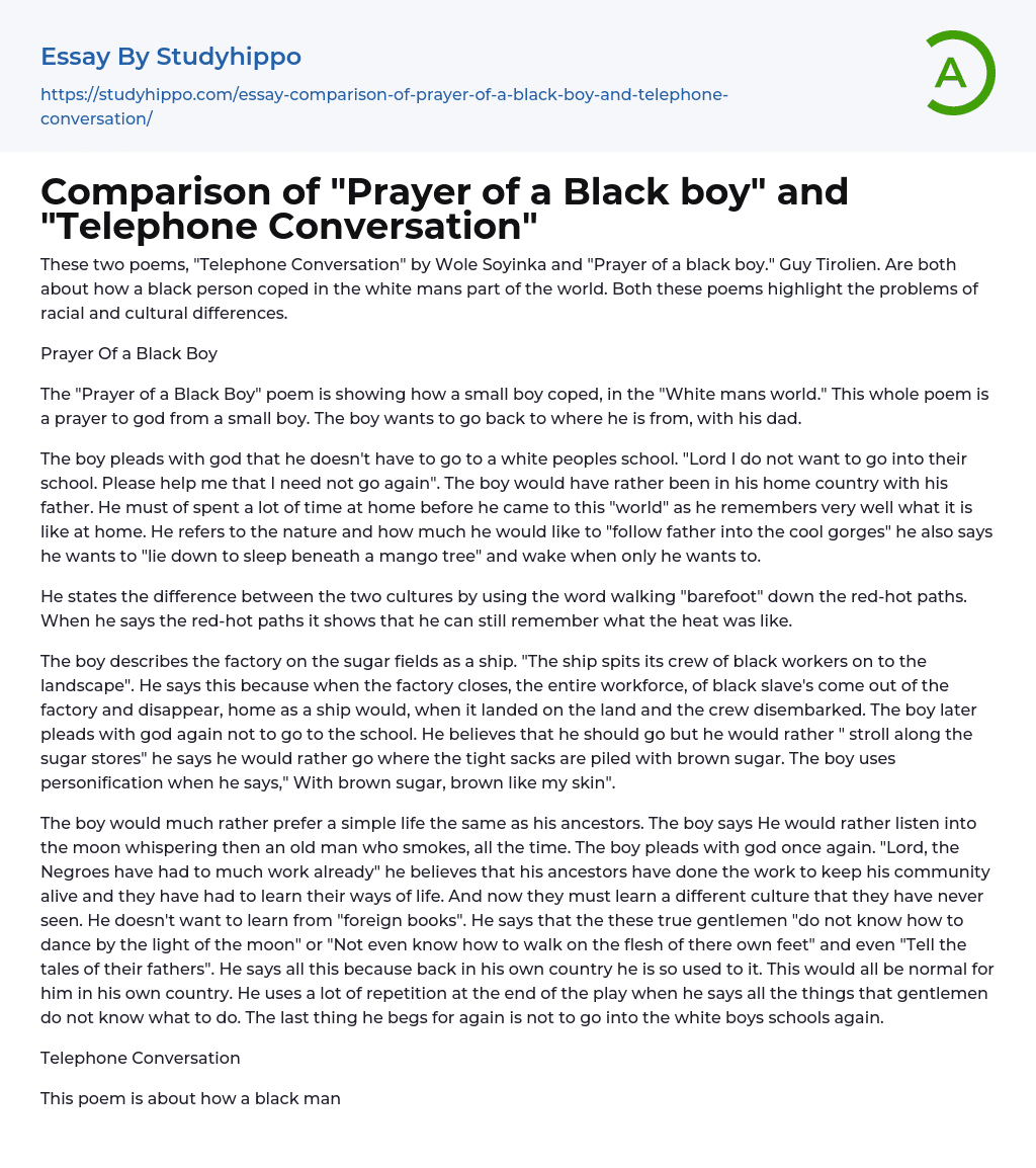 Comparison of “Prayer of a Black boy” and “Telephone Conversation” Essay Example
