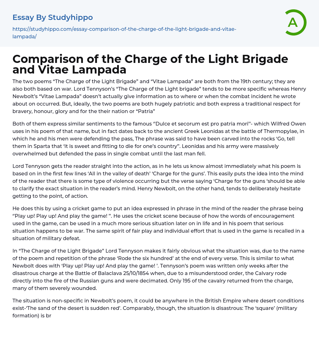 Comparison of the Charge of the Light Brigade and Vitae Lampada Essay Example