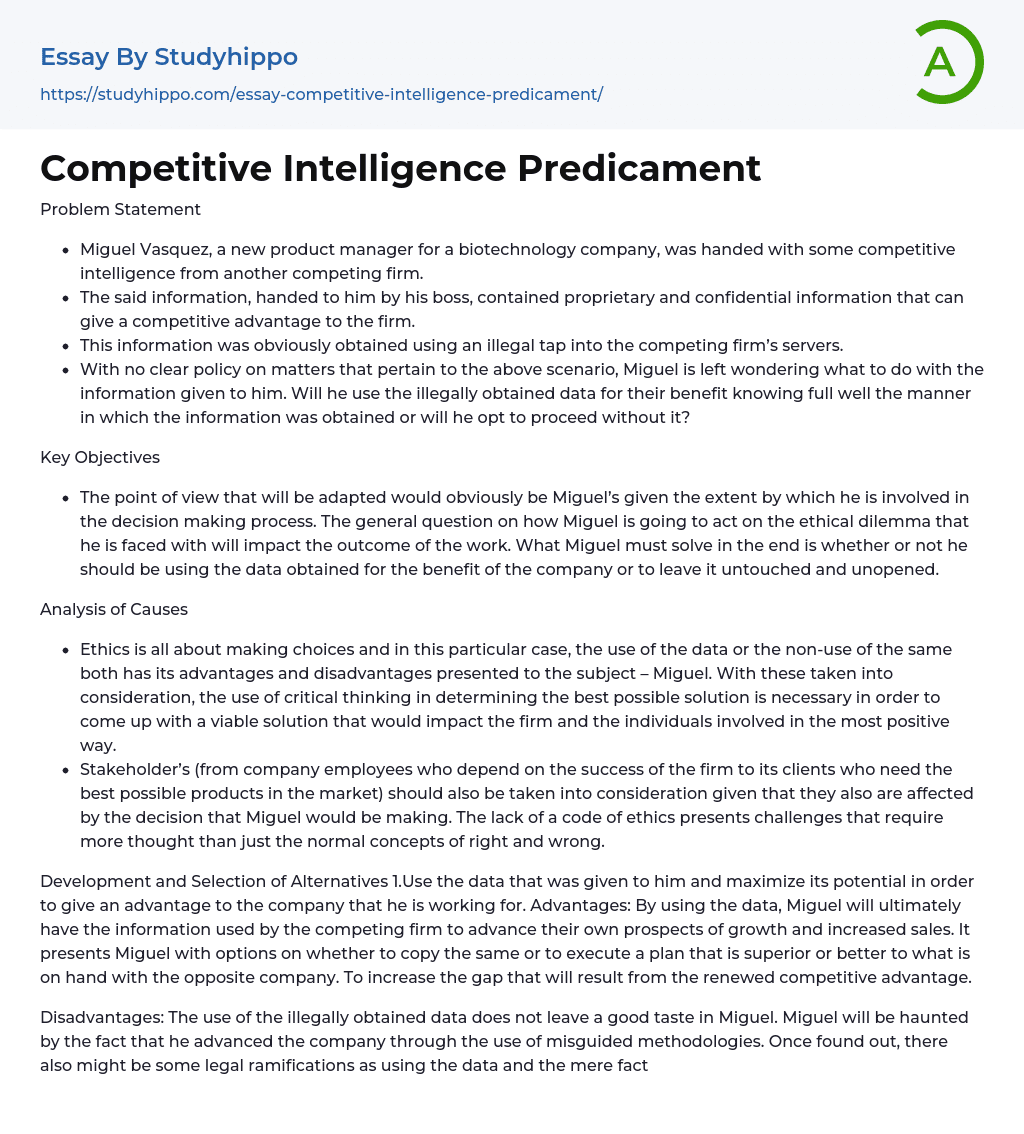 Competitive Intelligence Predicament Essay Example