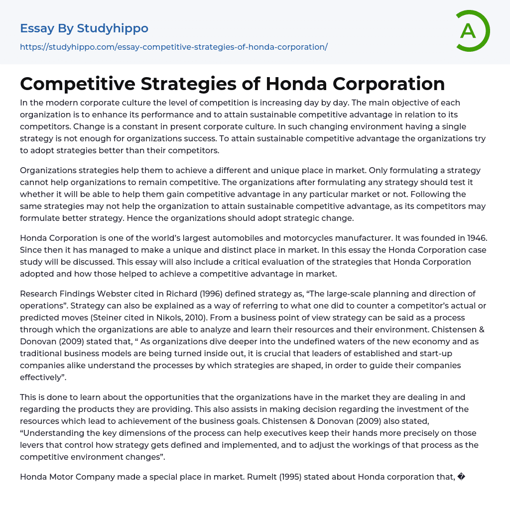 Competitive Strategies of Honda Corporation Essay Example