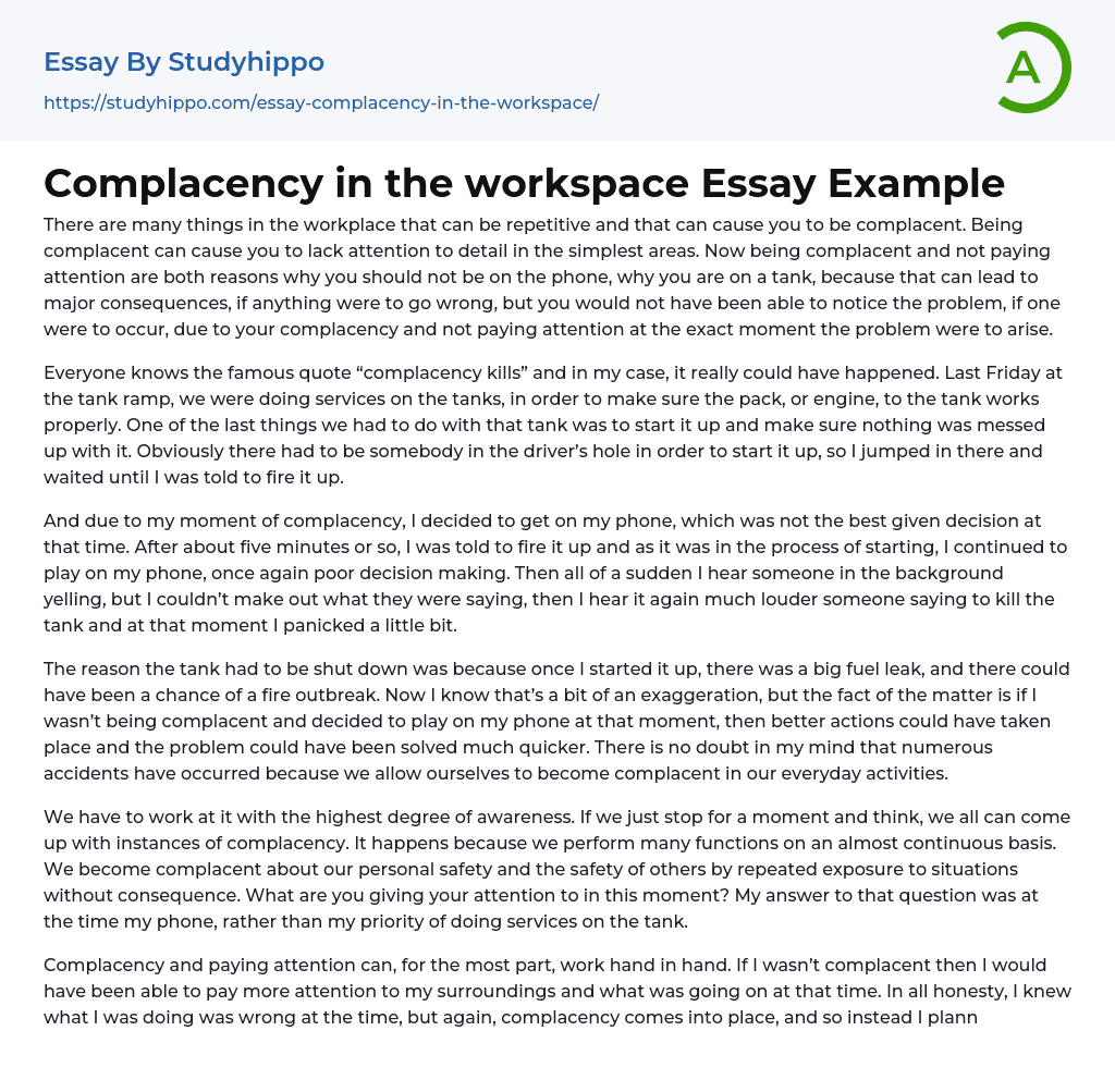 Complacency in the workspace Essay Example