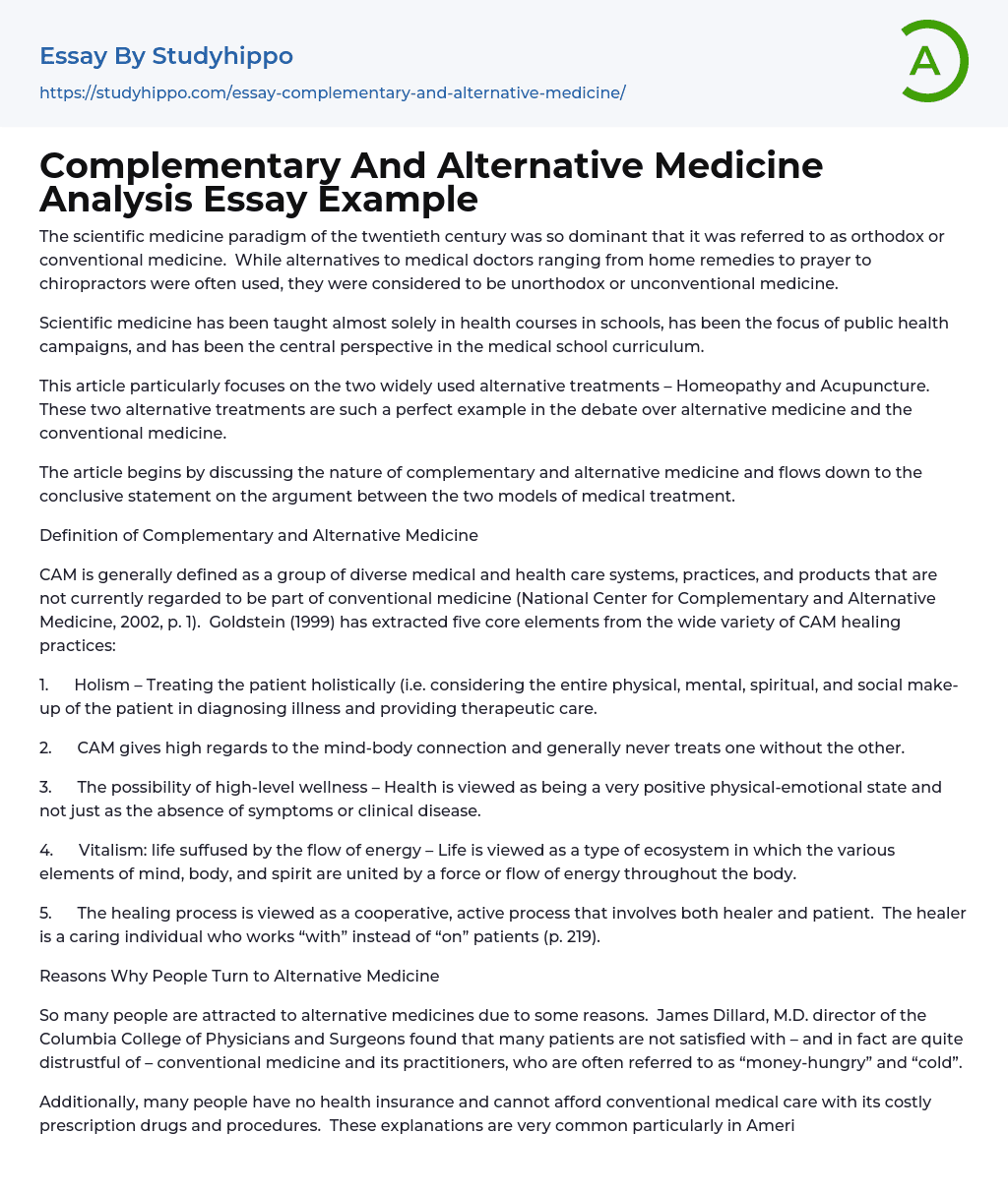 Complementary And Alternative Medicine Analysis Essay Example