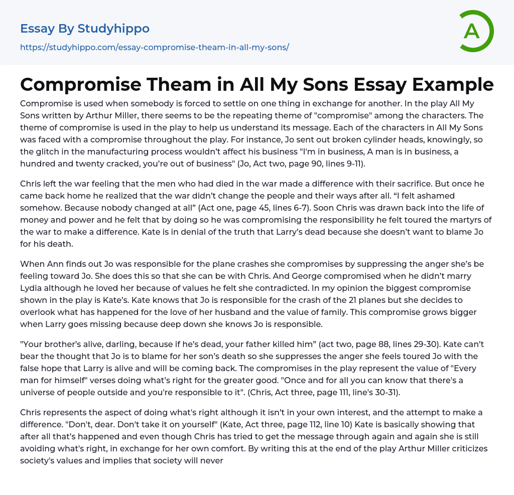 Compromise Theam in All My Sons Essay Example