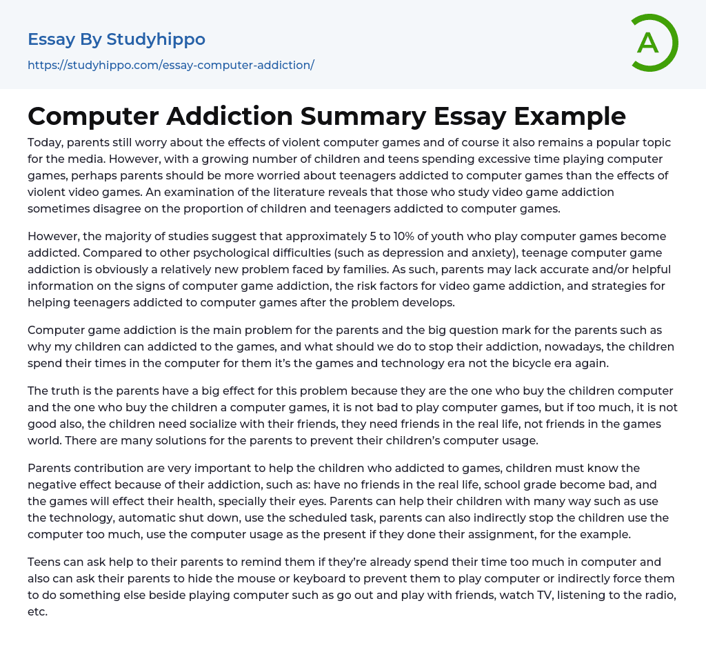 Computer Addiction Summary Essay Example