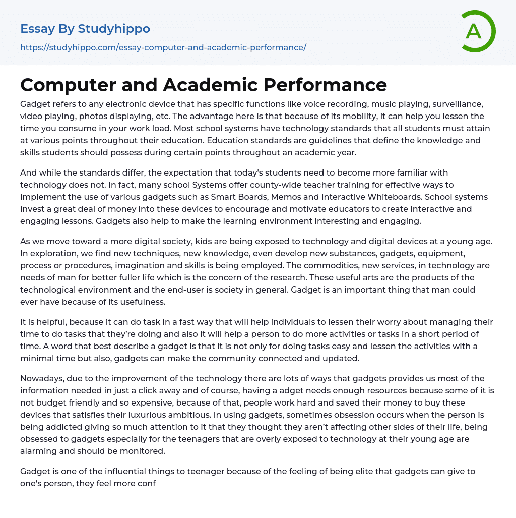 Computer and Academic Performance Essay Example