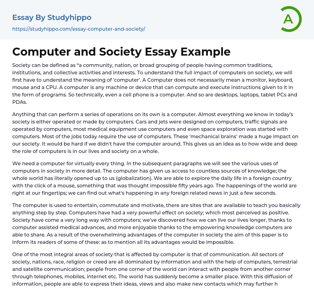 Computer and Society Essay Example