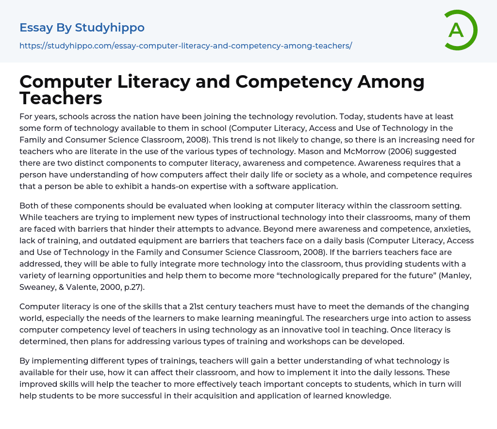 Computer Literacy and Competency Among Teachers Essay Example