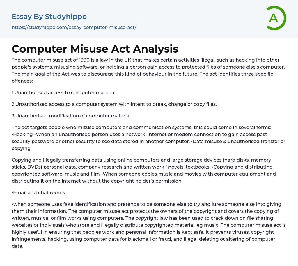 Computer Misuse Act Analysis Essay Example
