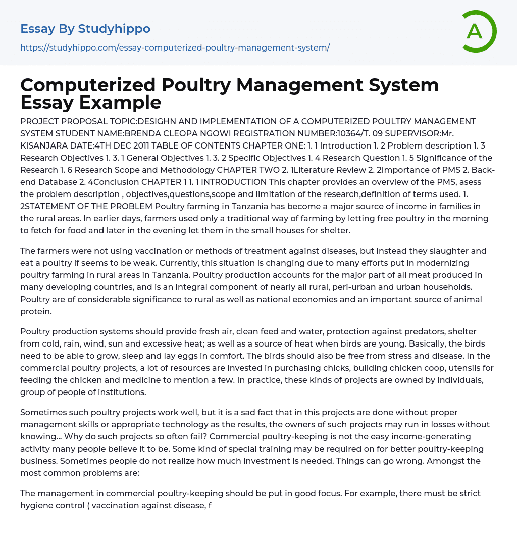 Computerized Poultry Management System Essay Example
