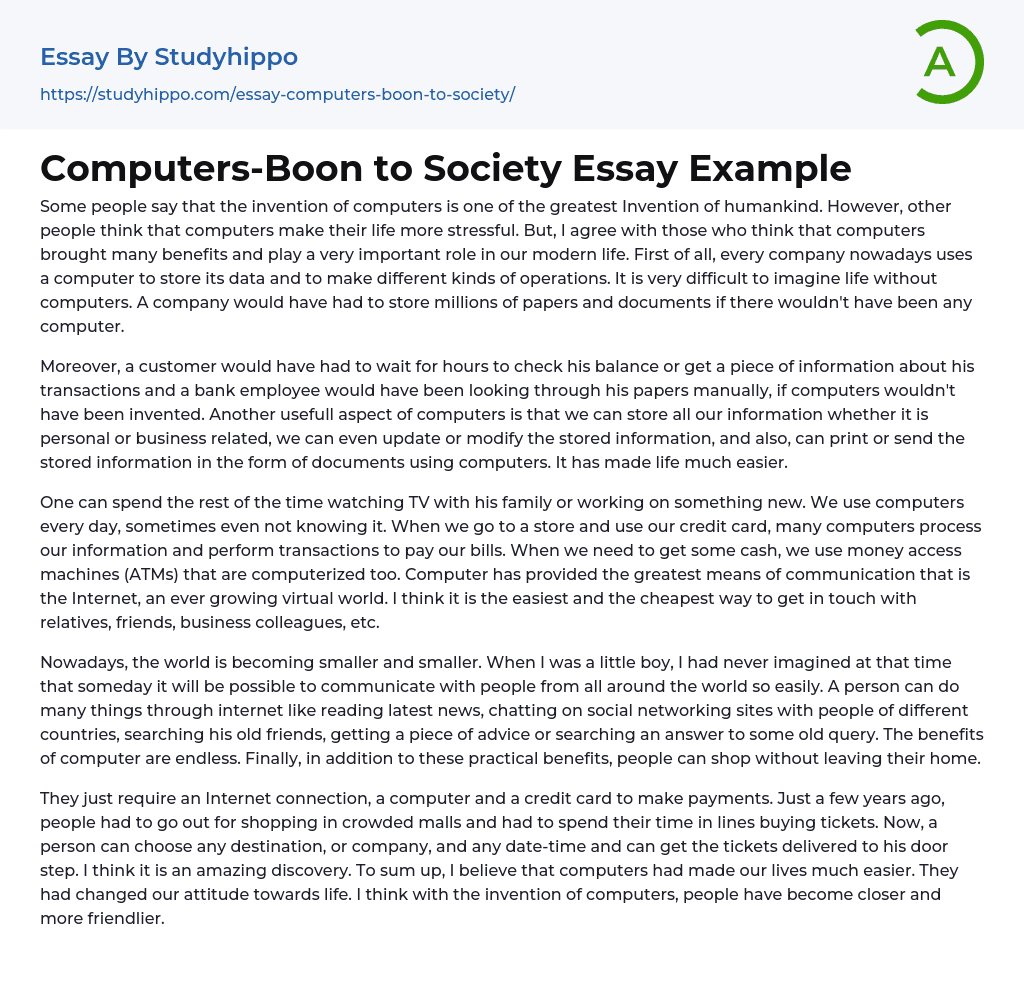 Computers-Boon to Society Essay Example