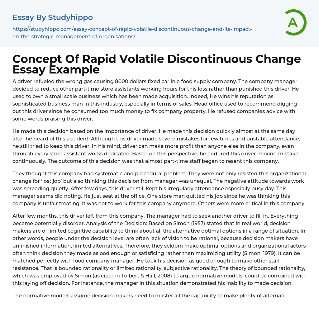 Concept Of Rapid Volatile Discontinuous Change Essay Example