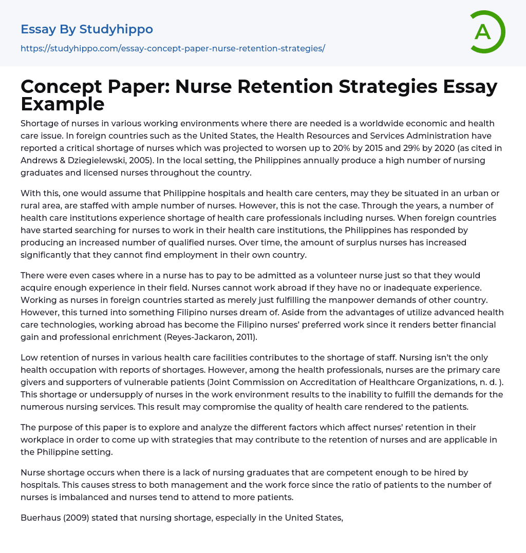 Concept Paper: Nurse Retention Strategies Essay Example
