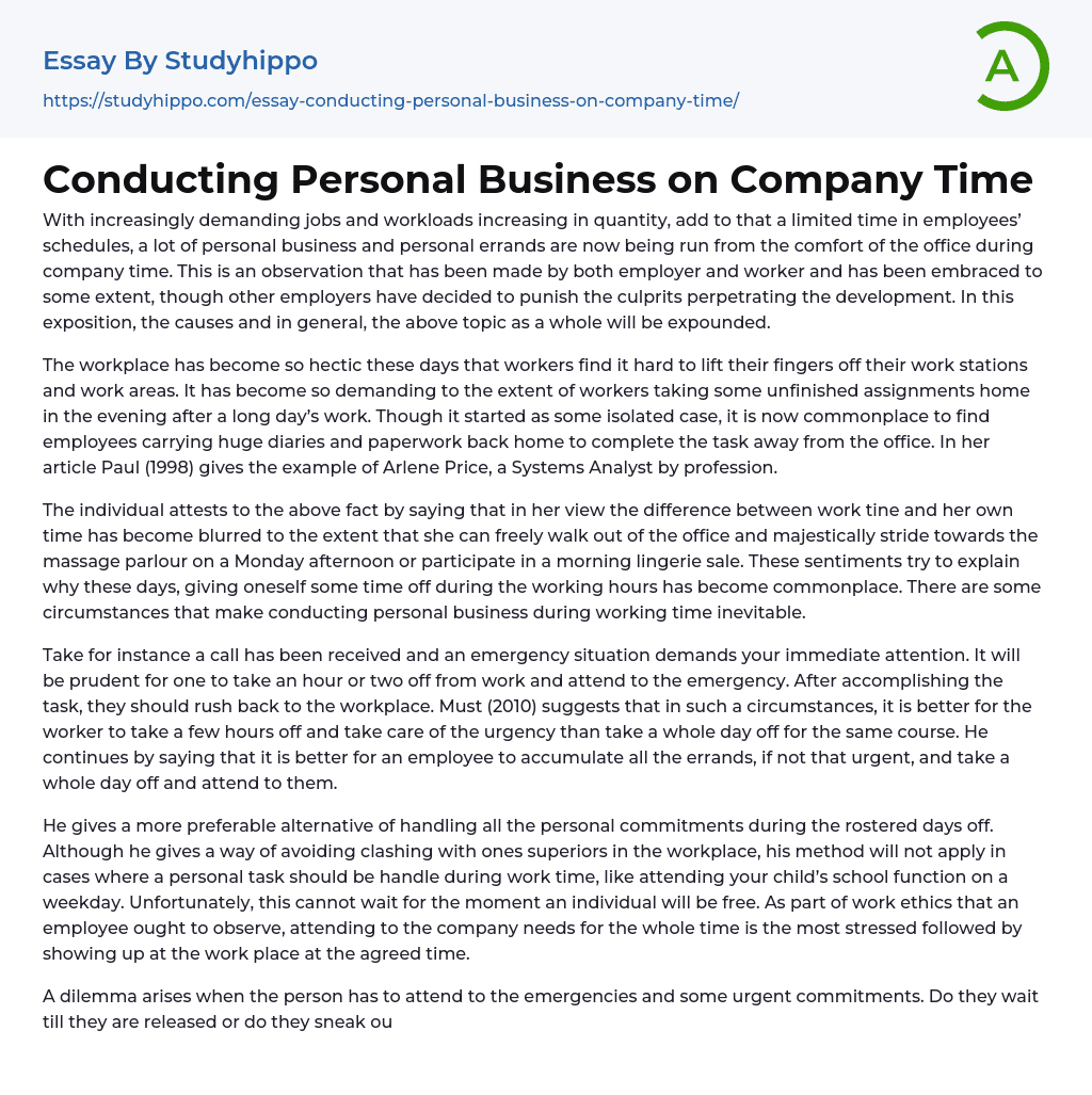 Conducting Personal Business on Company Time Essay Example