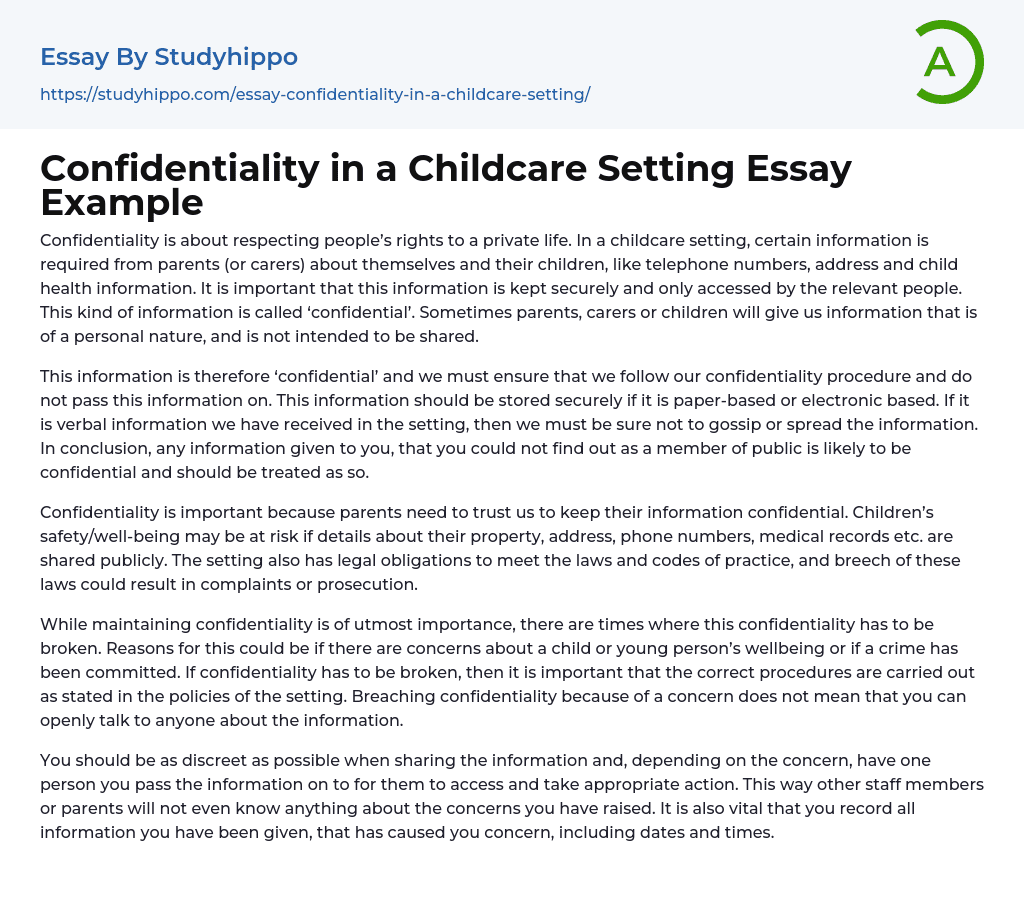 Confidentiality in a Childcare Setting Essay Example