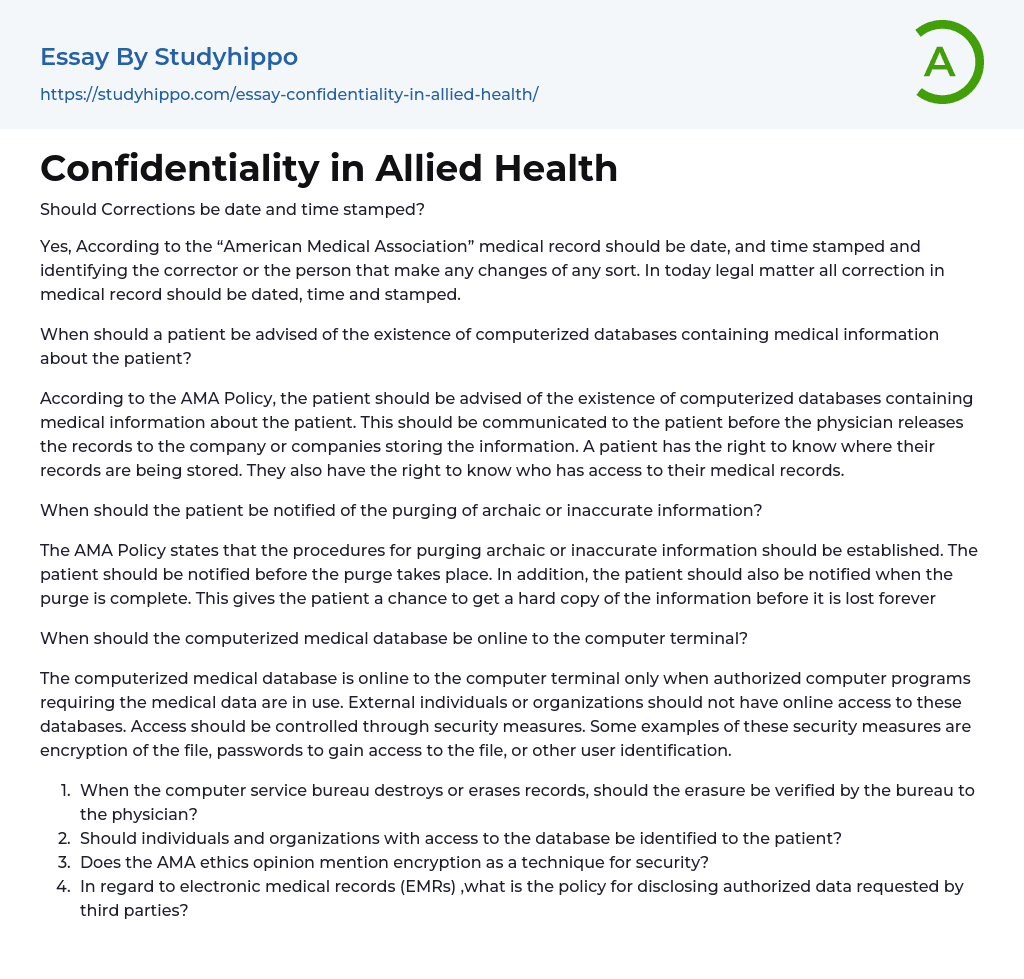 Confidentiality in Allied Health Essay Example