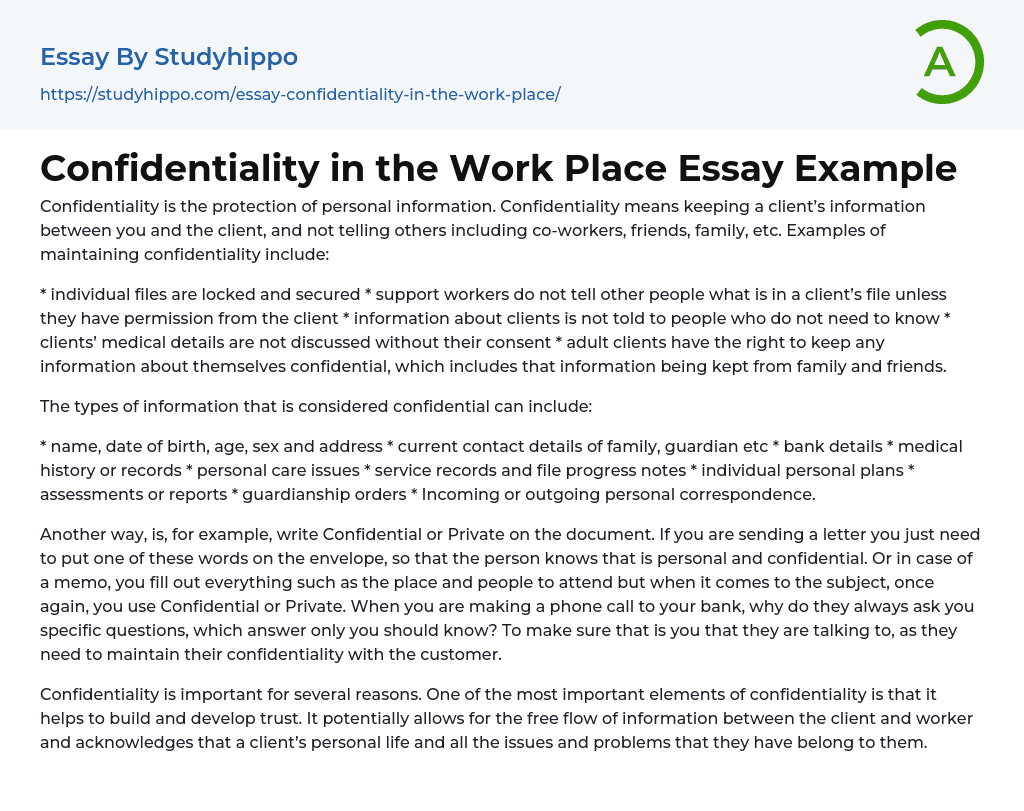 Confidentiality in the Work Place Essay Example