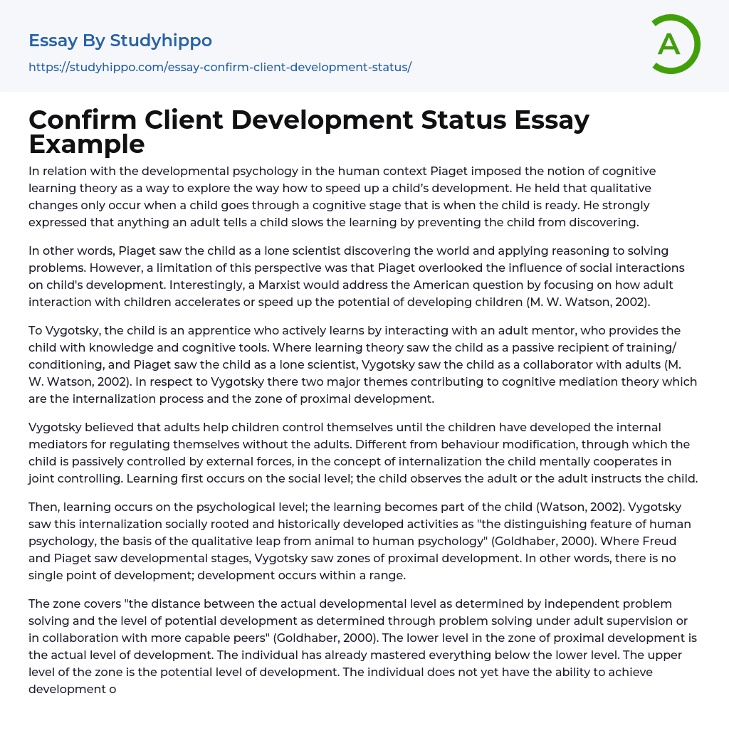 Confirm Client Development Status Essay Example