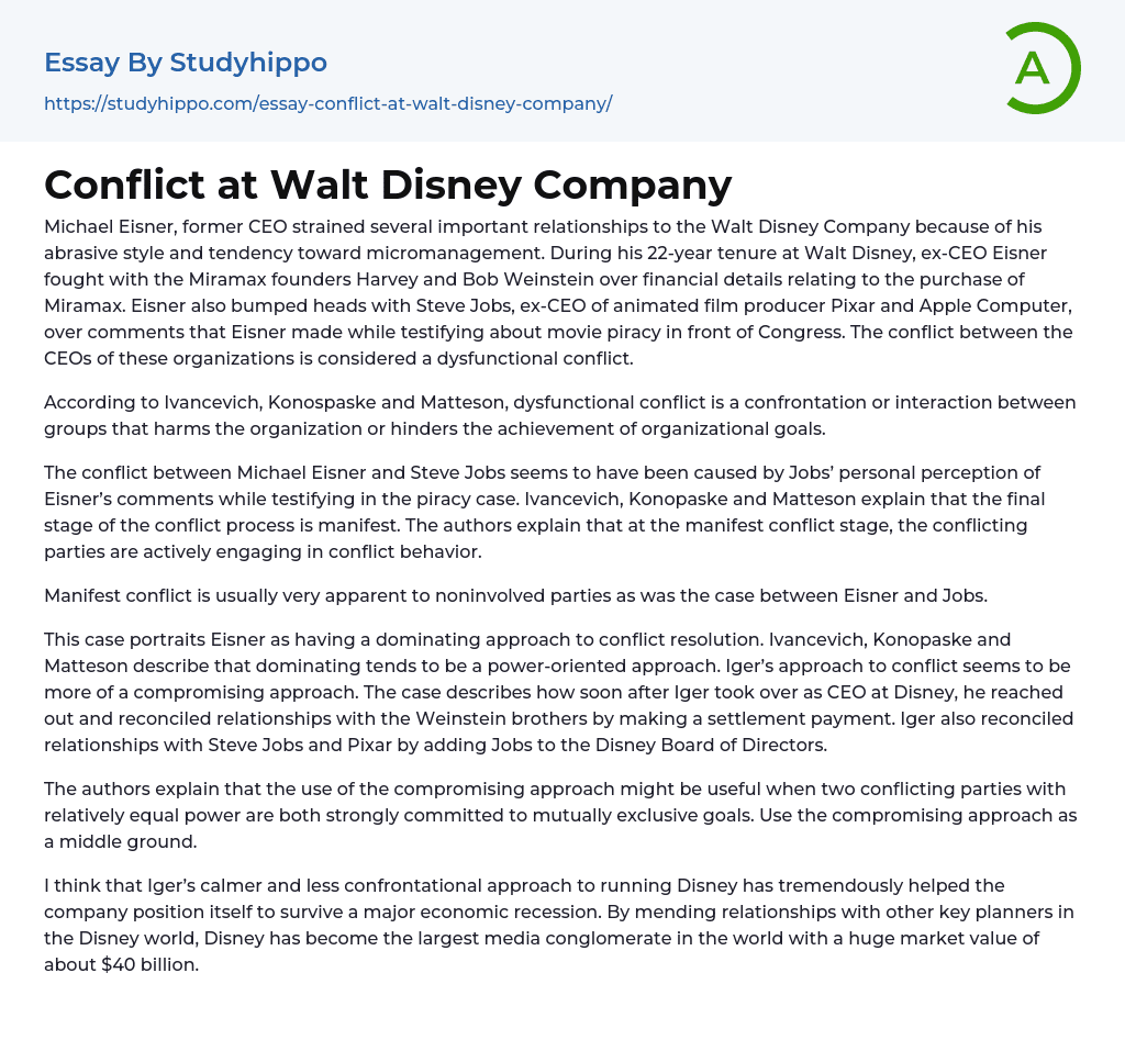 Conflict at Walt Disney Company Essay Example