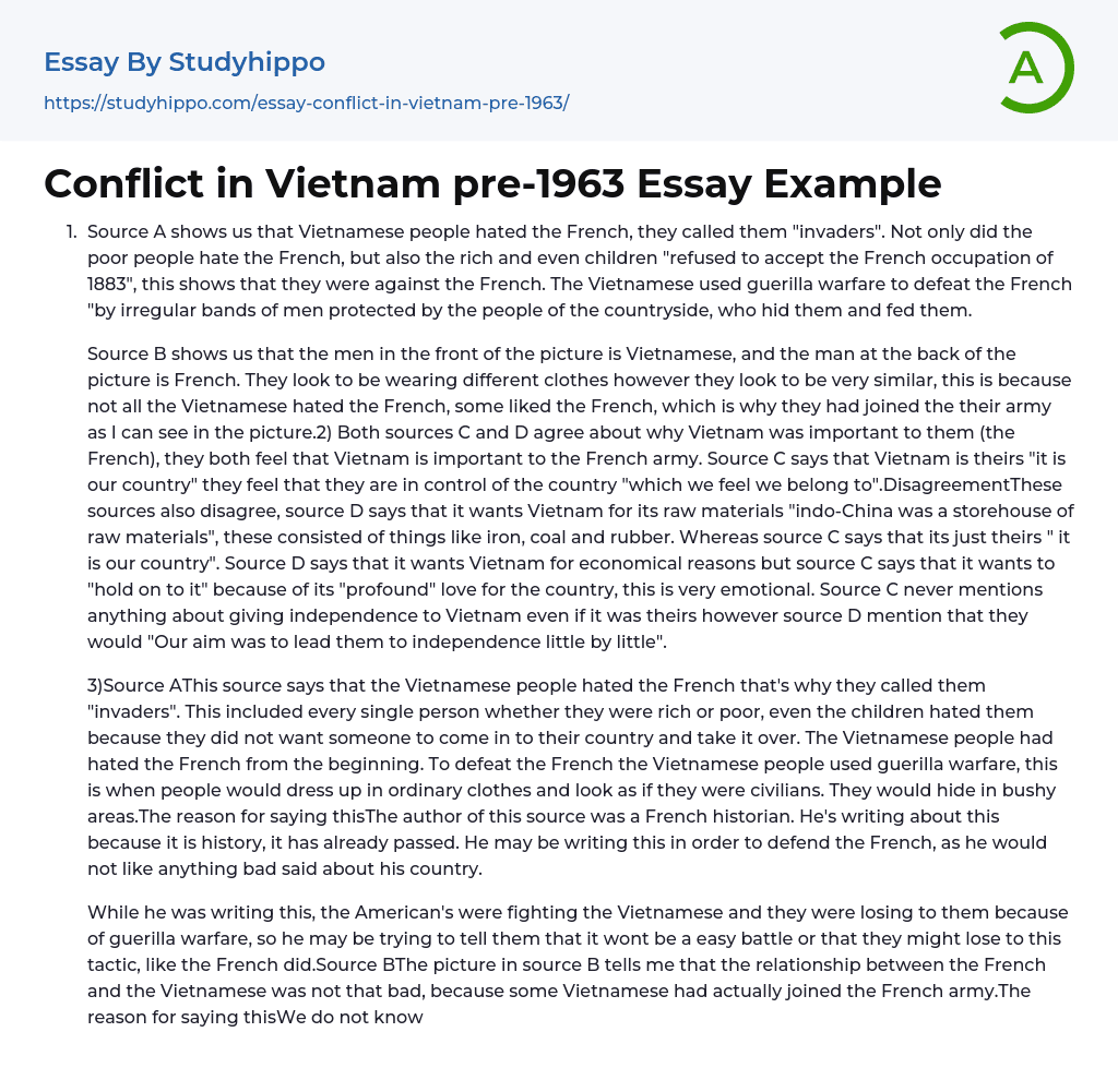 Conflict in Vietnam pre-1963 Essay Example