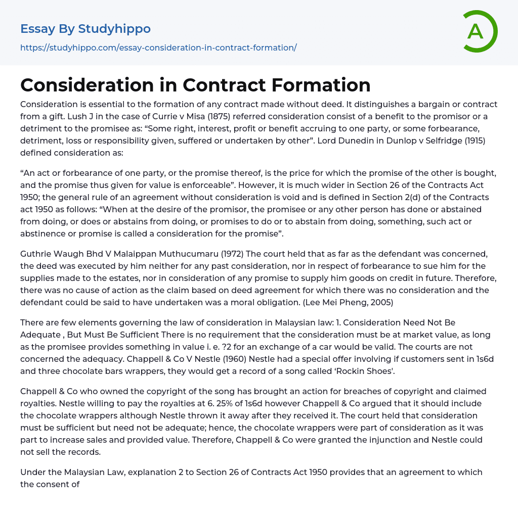 Consideration in Contract Formation Essay Example