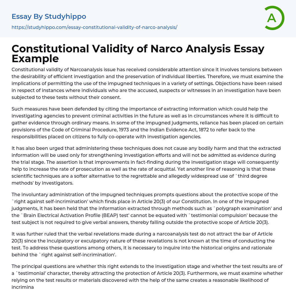 Constitutional Validity of Narco Analysis Essay Example