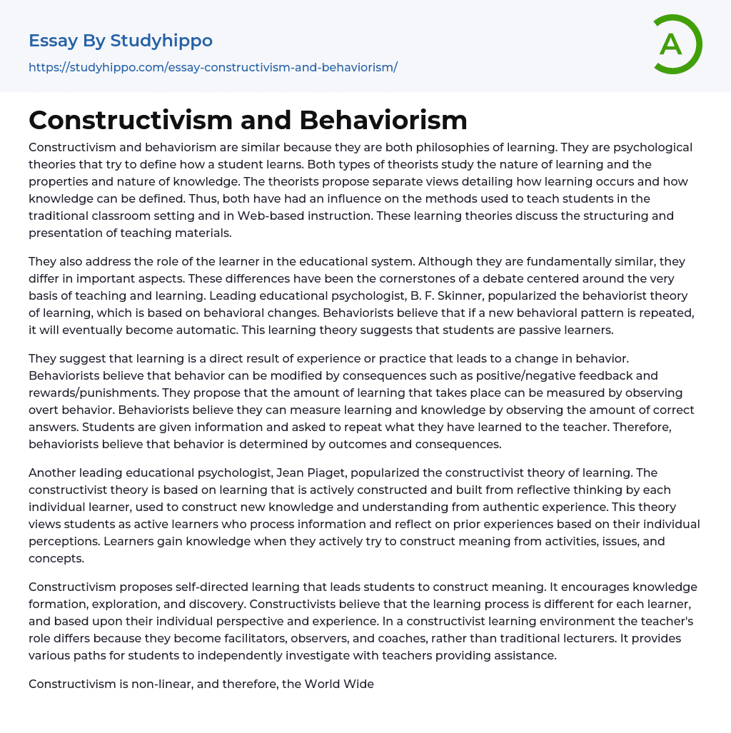 Constructivism and Behaviorism Essay Example