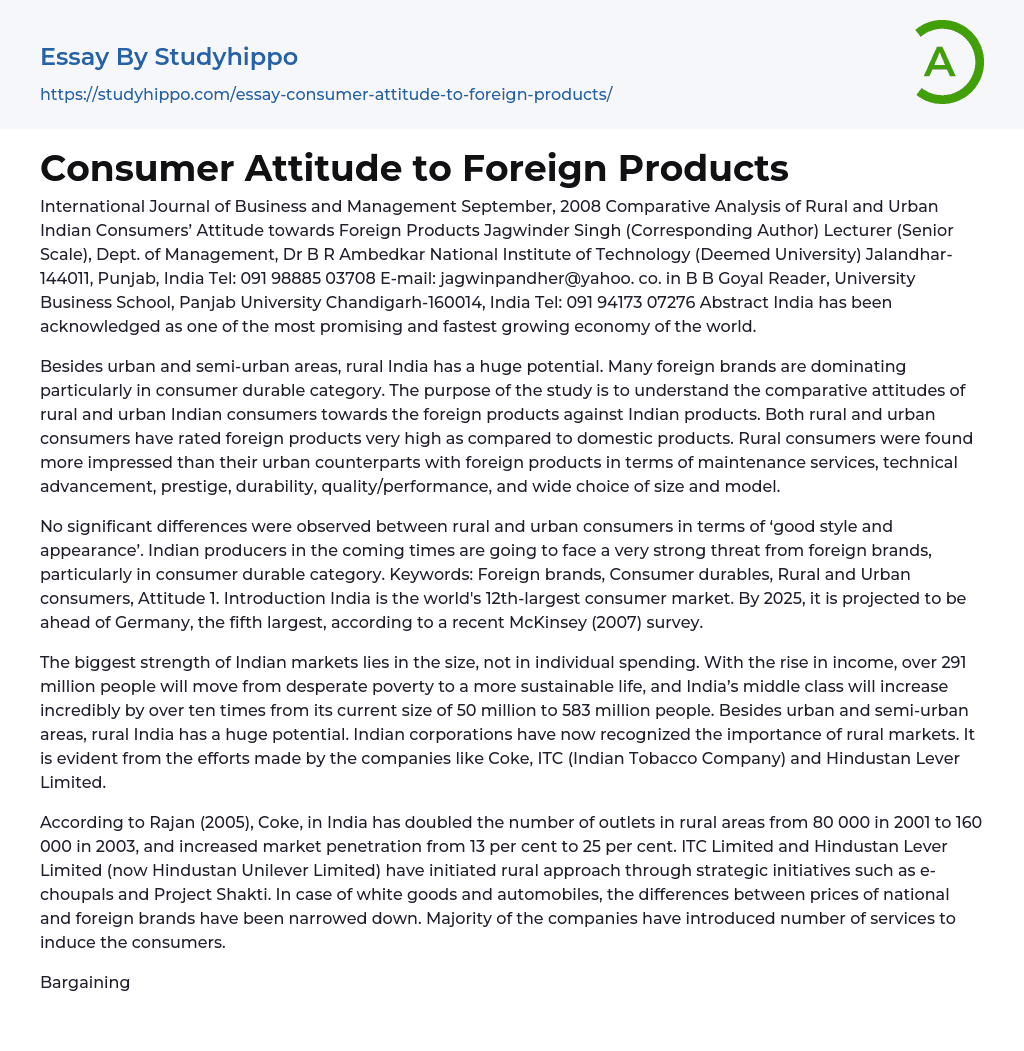 Consumer Attitude to Foreign Products Essay Example