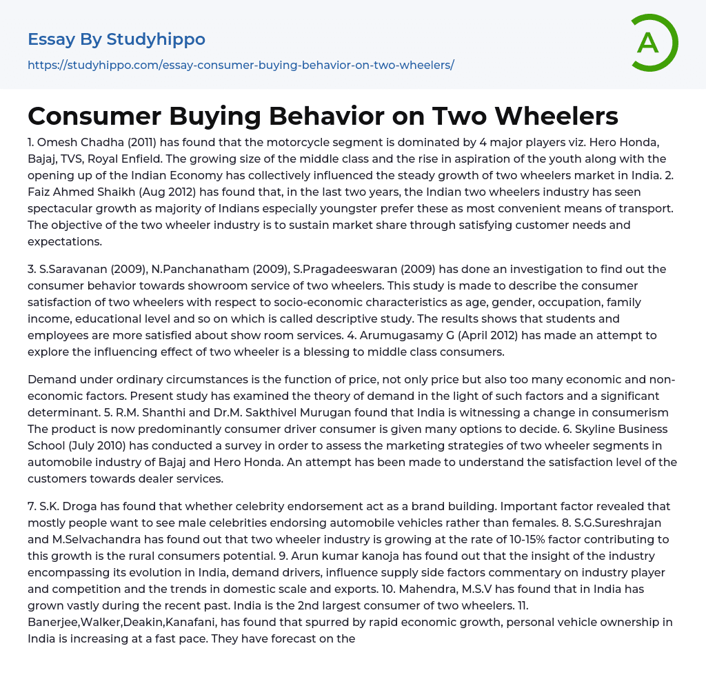 Consumer Buying Behavior on Two Wheelers Essay Example