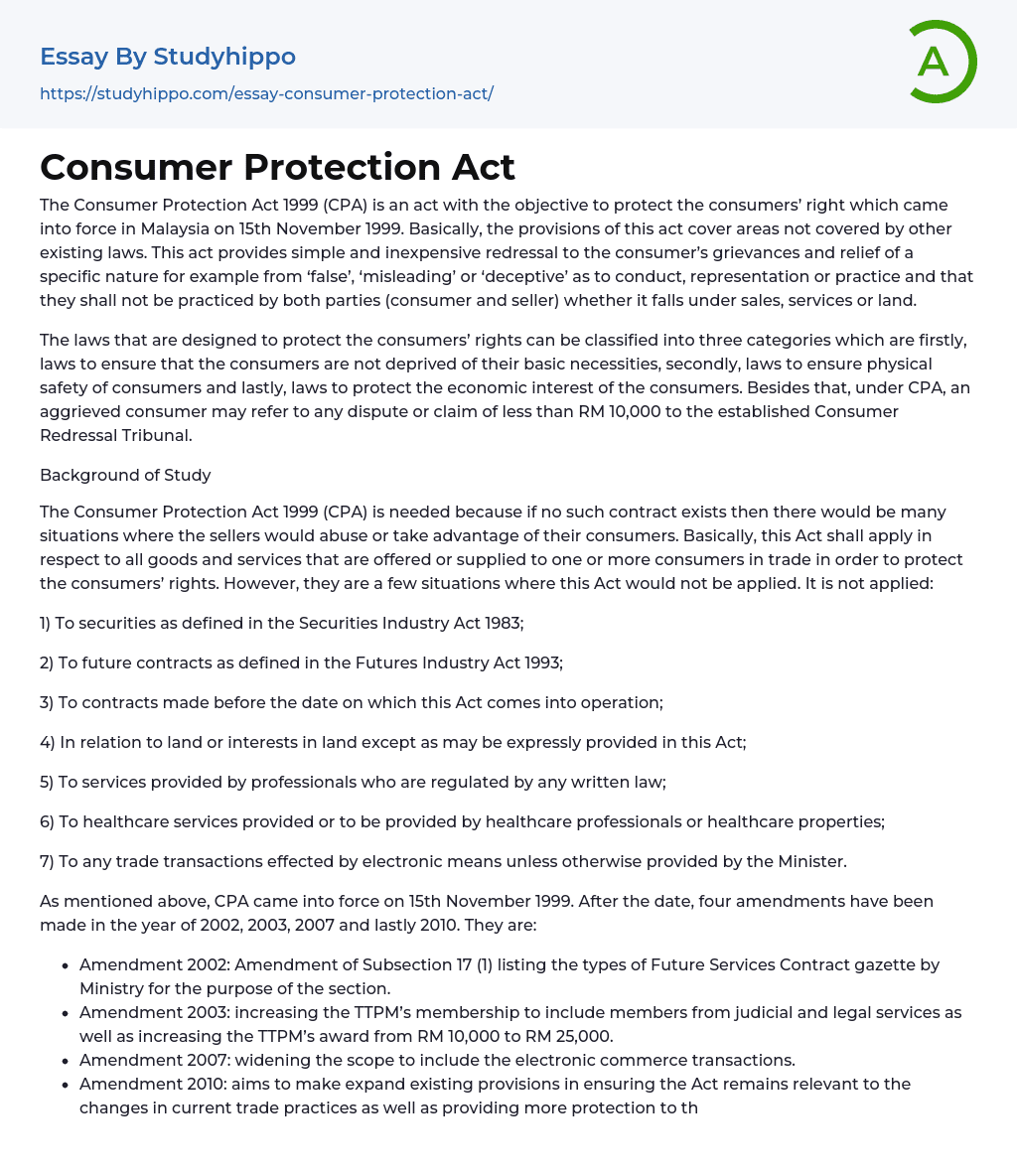 Consumer Protection Act Essay Example