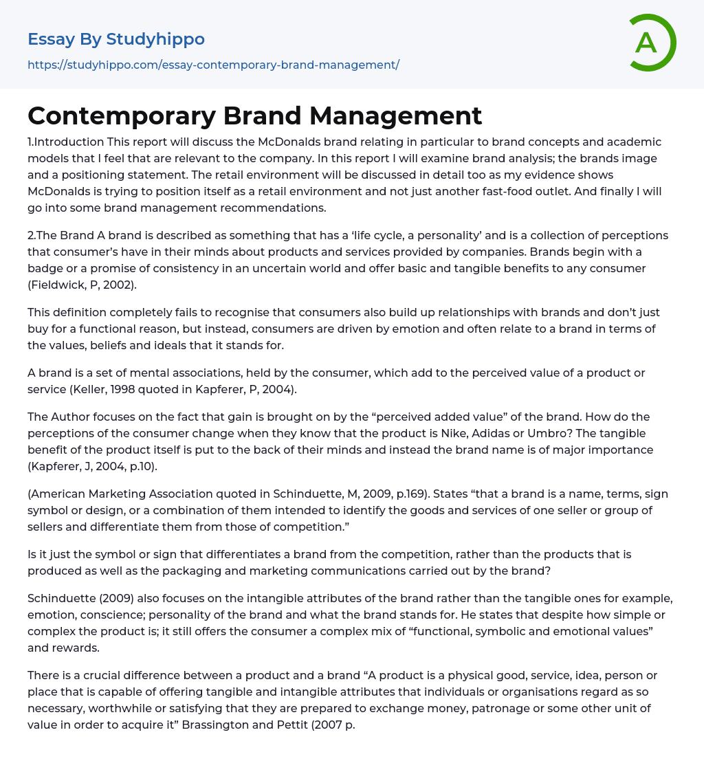 Contemporary Brand Management: McDonalds Essay Example