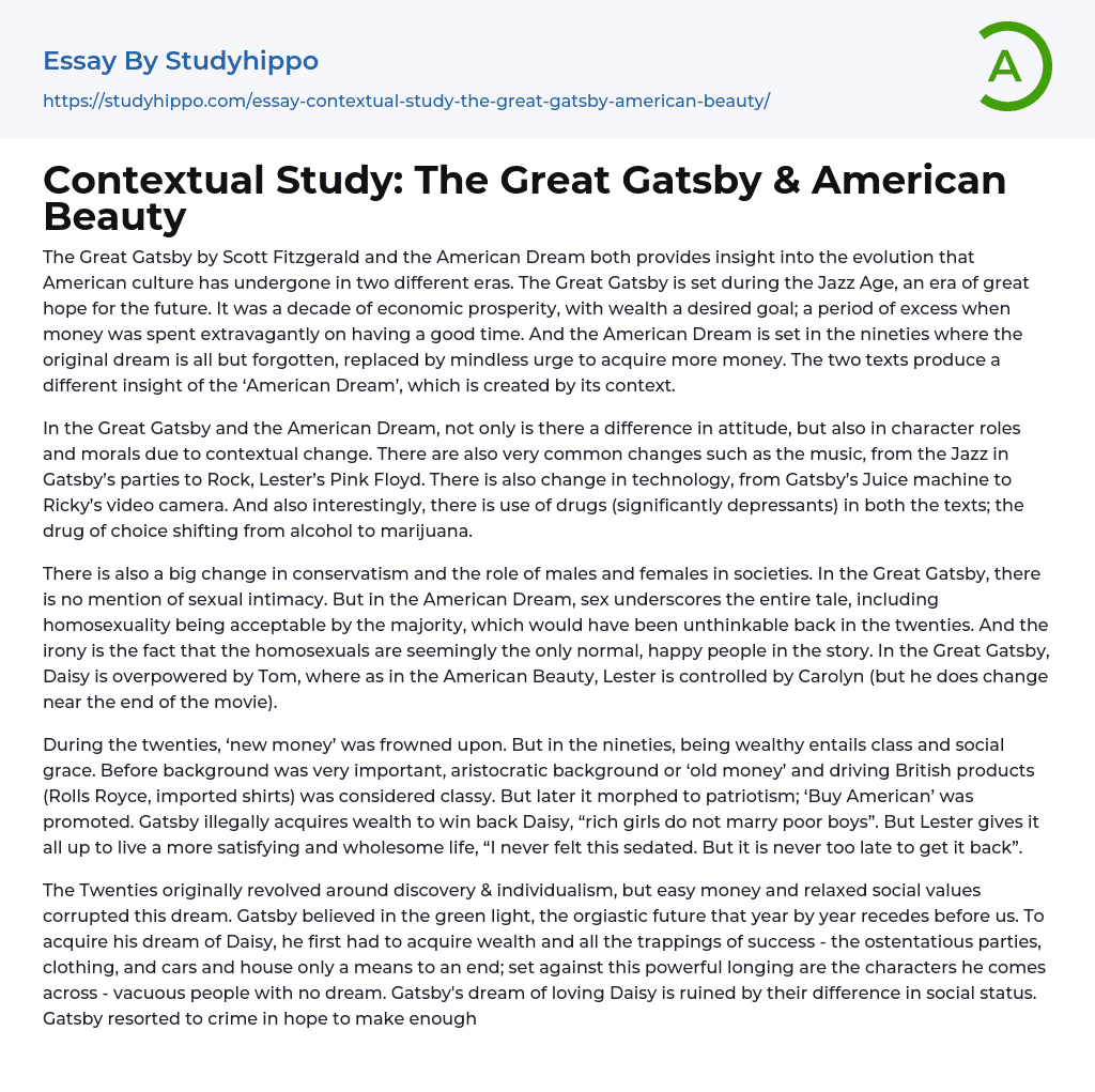 Contextual Study: The Great Gatsby & American Beauty Essay Example