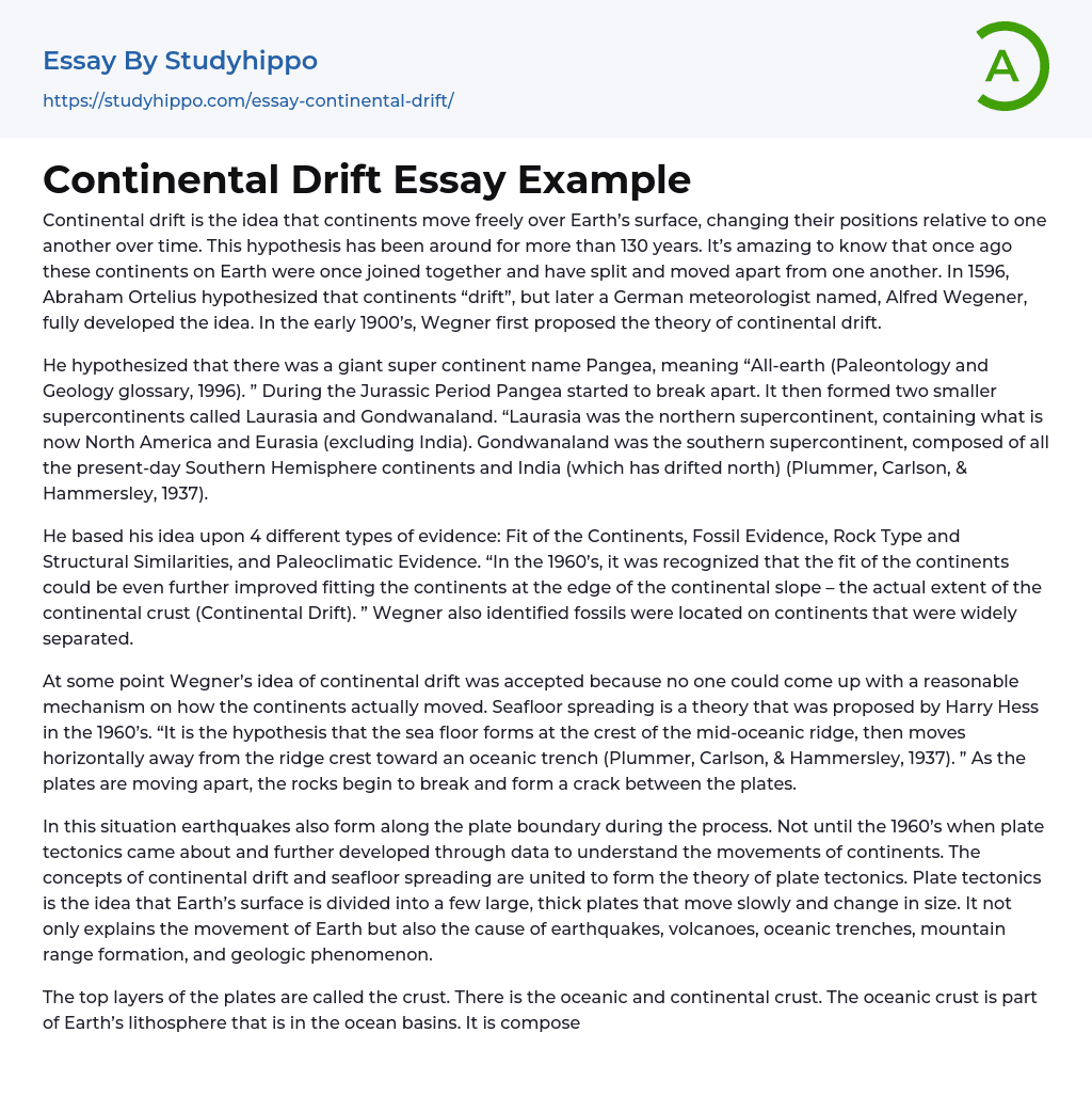 Continental Drift Essay Example