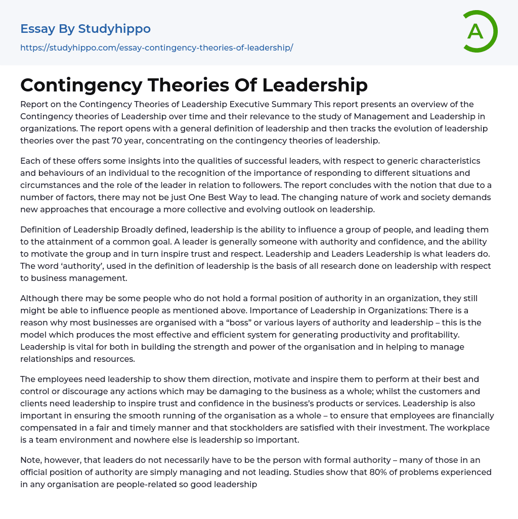 Contingency Theories Of Leadership Essay Example