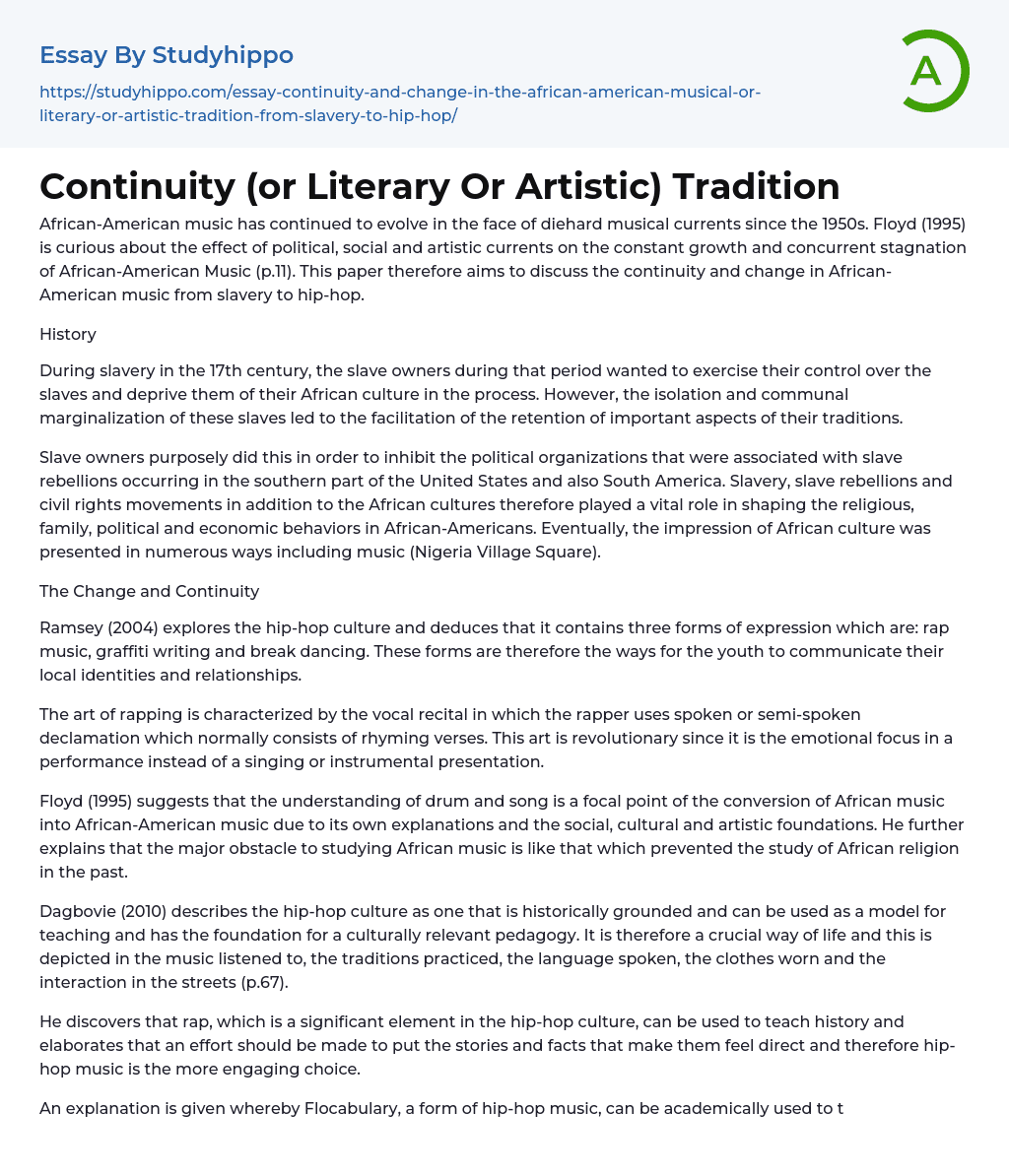 Continuity (or Literary Or Artistic) Tradition Essay Example