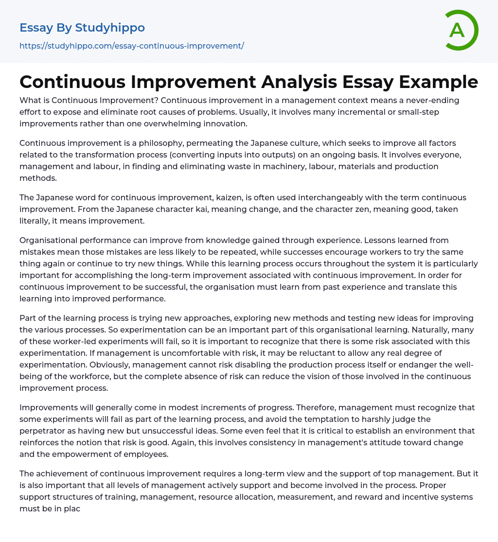 Continuous Improvement Analysis Essay Example