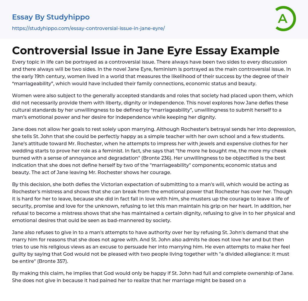 Controversial Issue in Jane Eyre Essay Example
