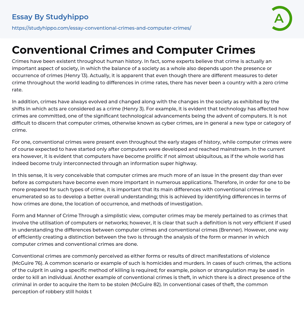 Conventional Crimes and Computer Crimes Essay Example