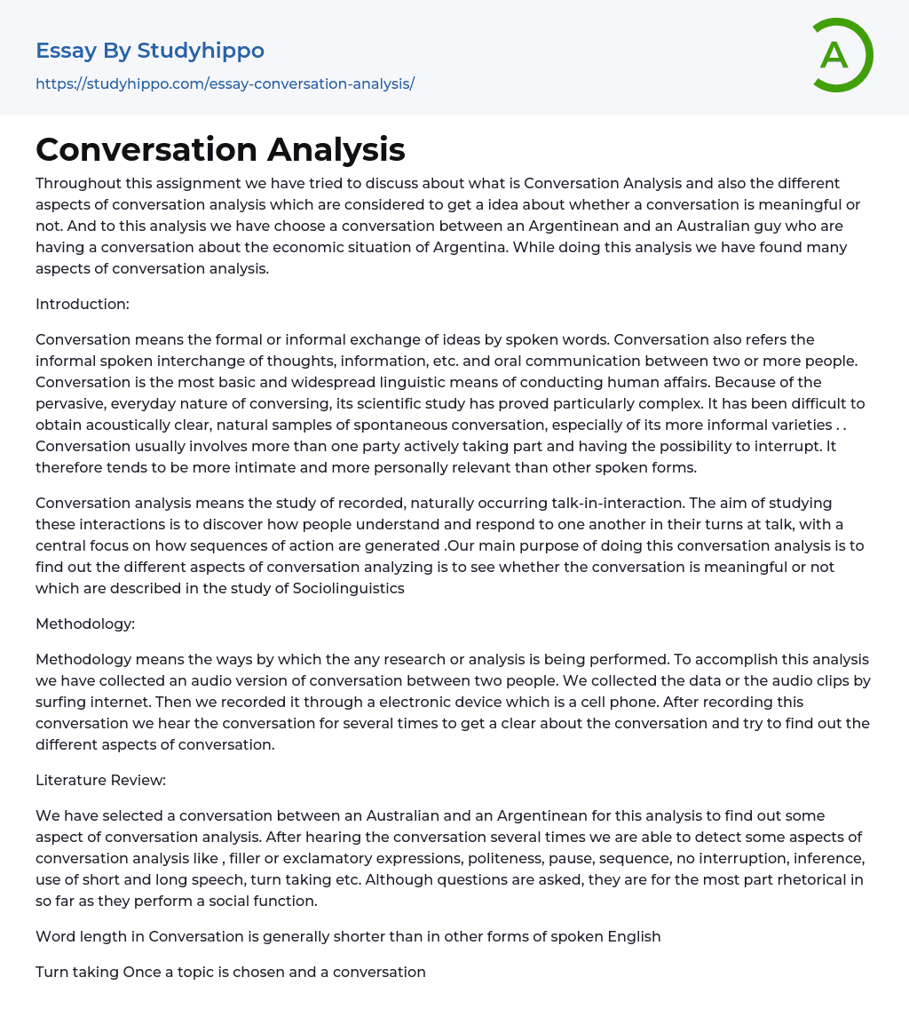 Conversation Analysis Essay Example StudyHippo