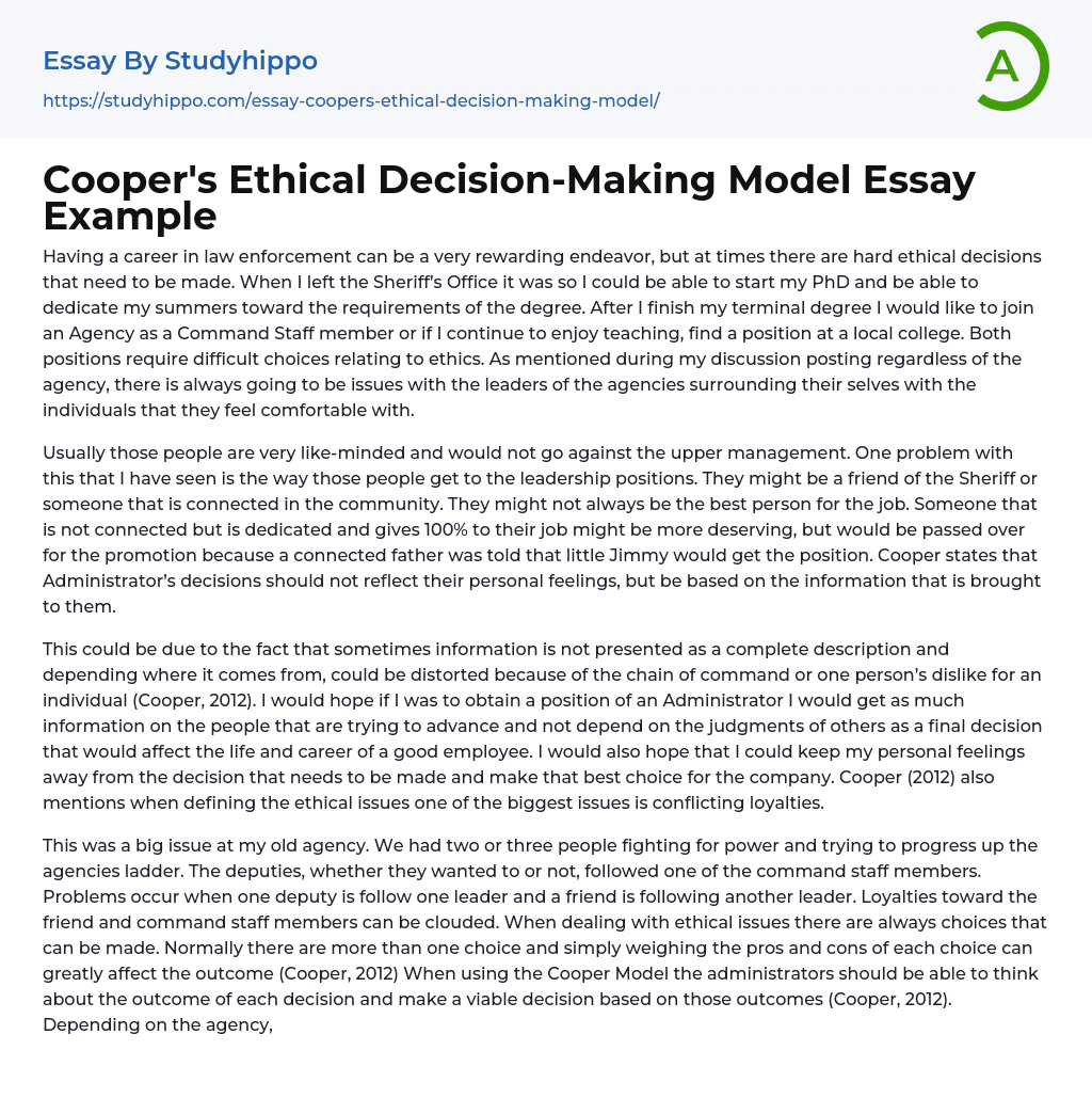 Cooper’s Ethical Decision-Making Model Essay Example