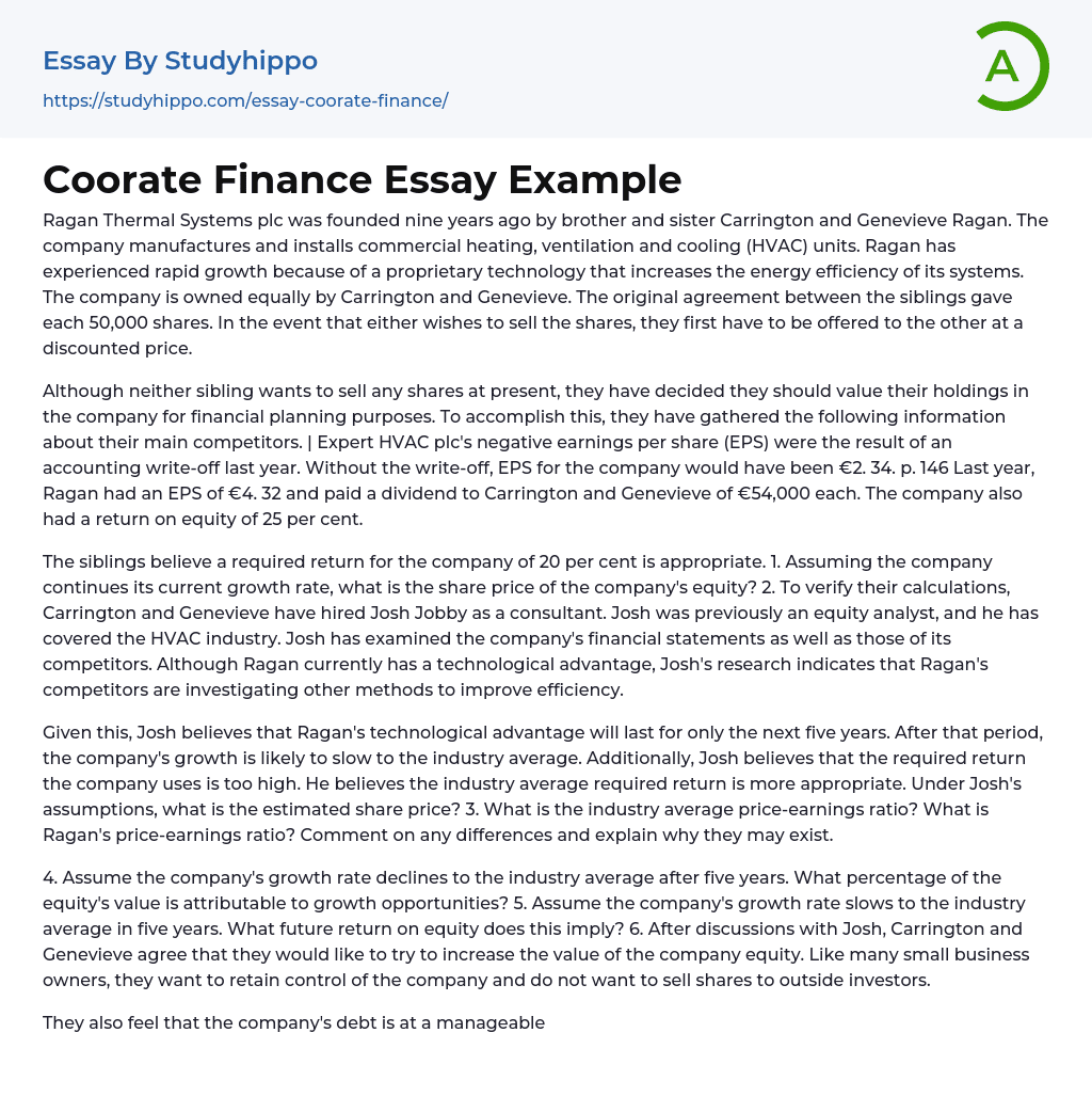 Coorate Finance Essay Example