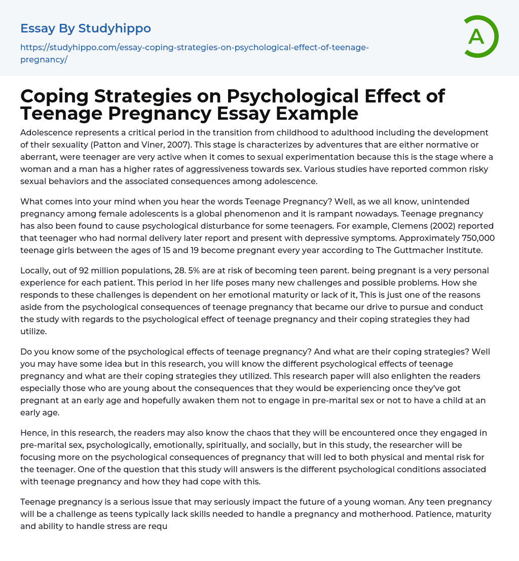 Coping Strategies on Psychological Effect of Teenage Pregnancy Essay Example