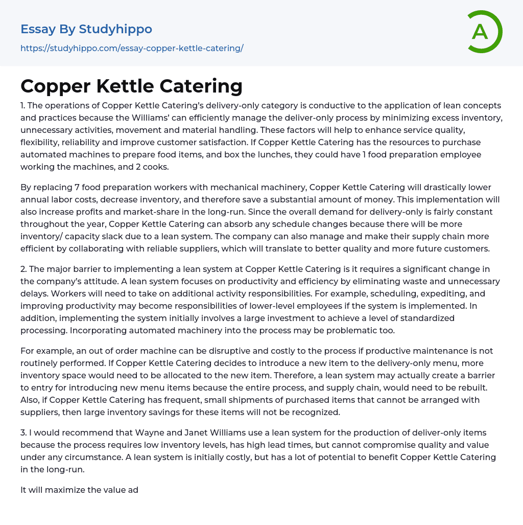 Copper Kettle Catering Essay Example