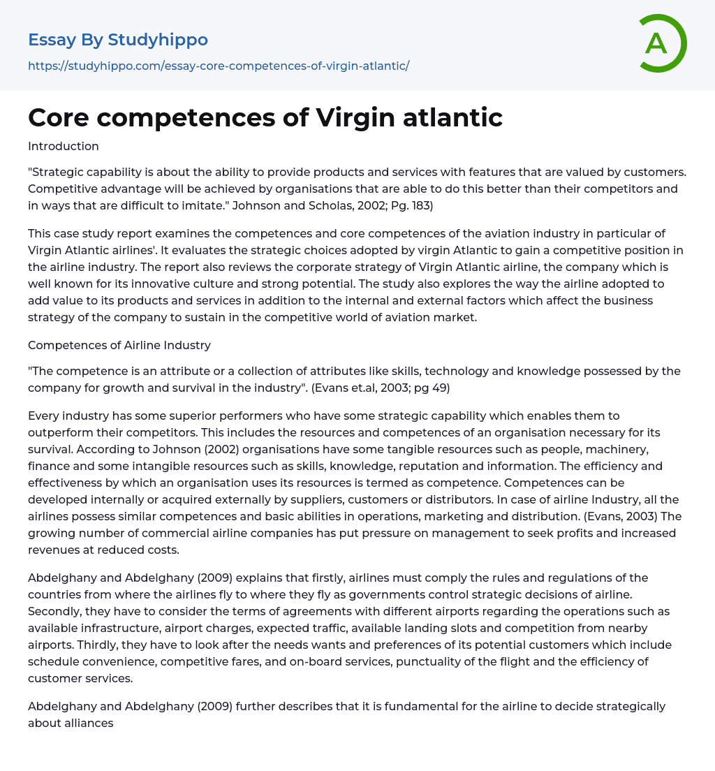 Core competences of Virgin atlantic Essay Example