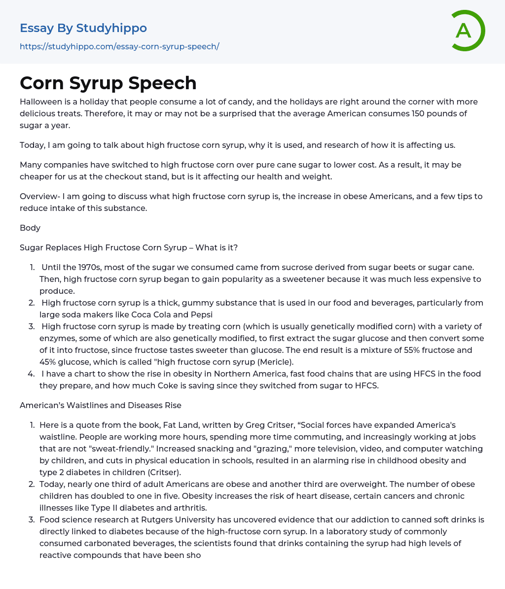 Corn Syrup Speech Essay Example