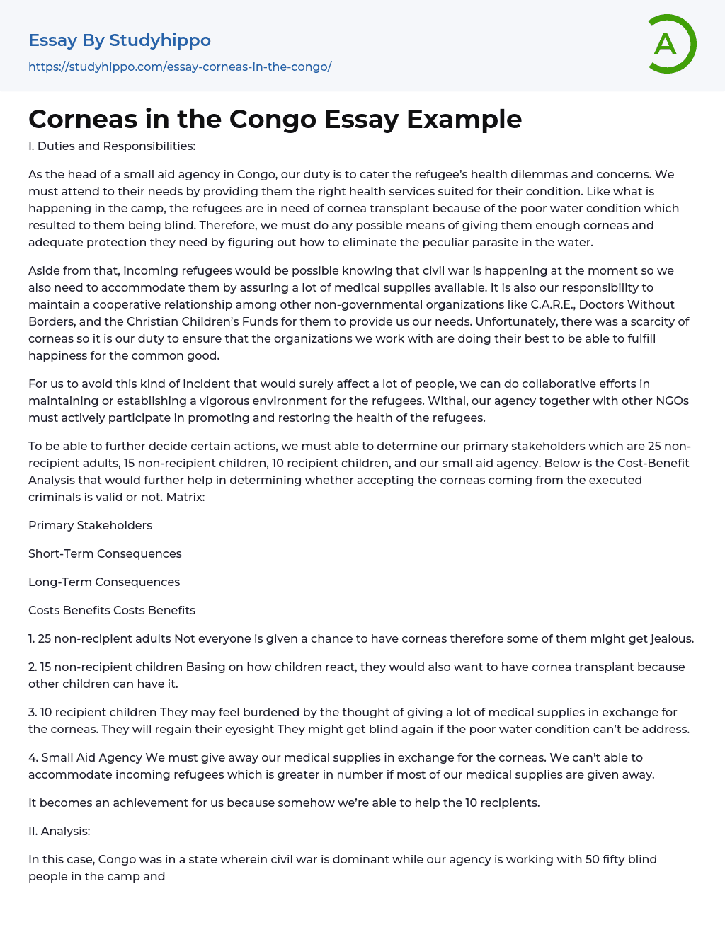 Corneas in the Congo Essay Example