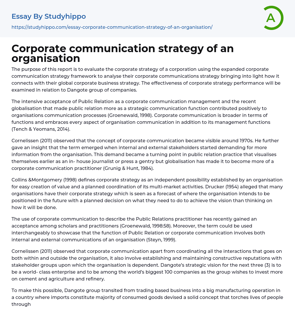 Corporate communication strategy of an organisation Essay Example