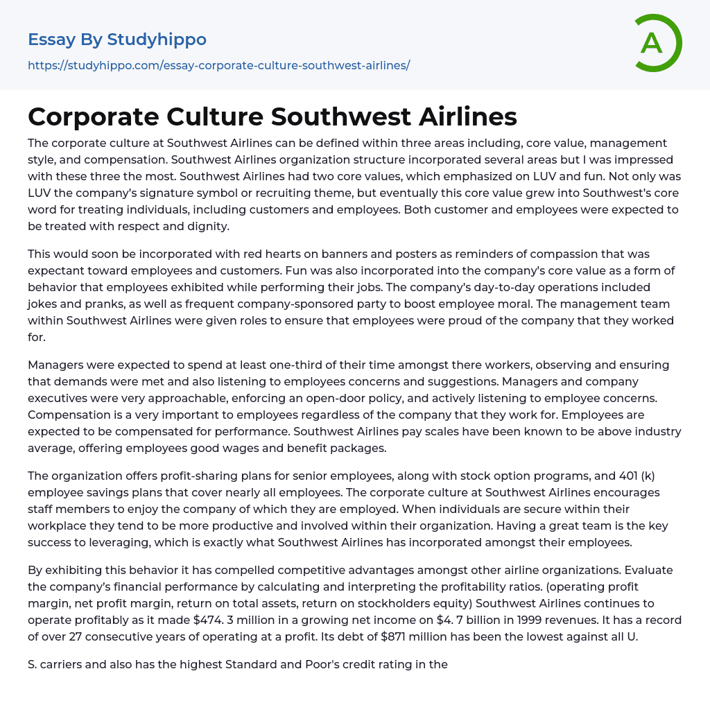 Corporate Culture Southwest Airlines Essay Example