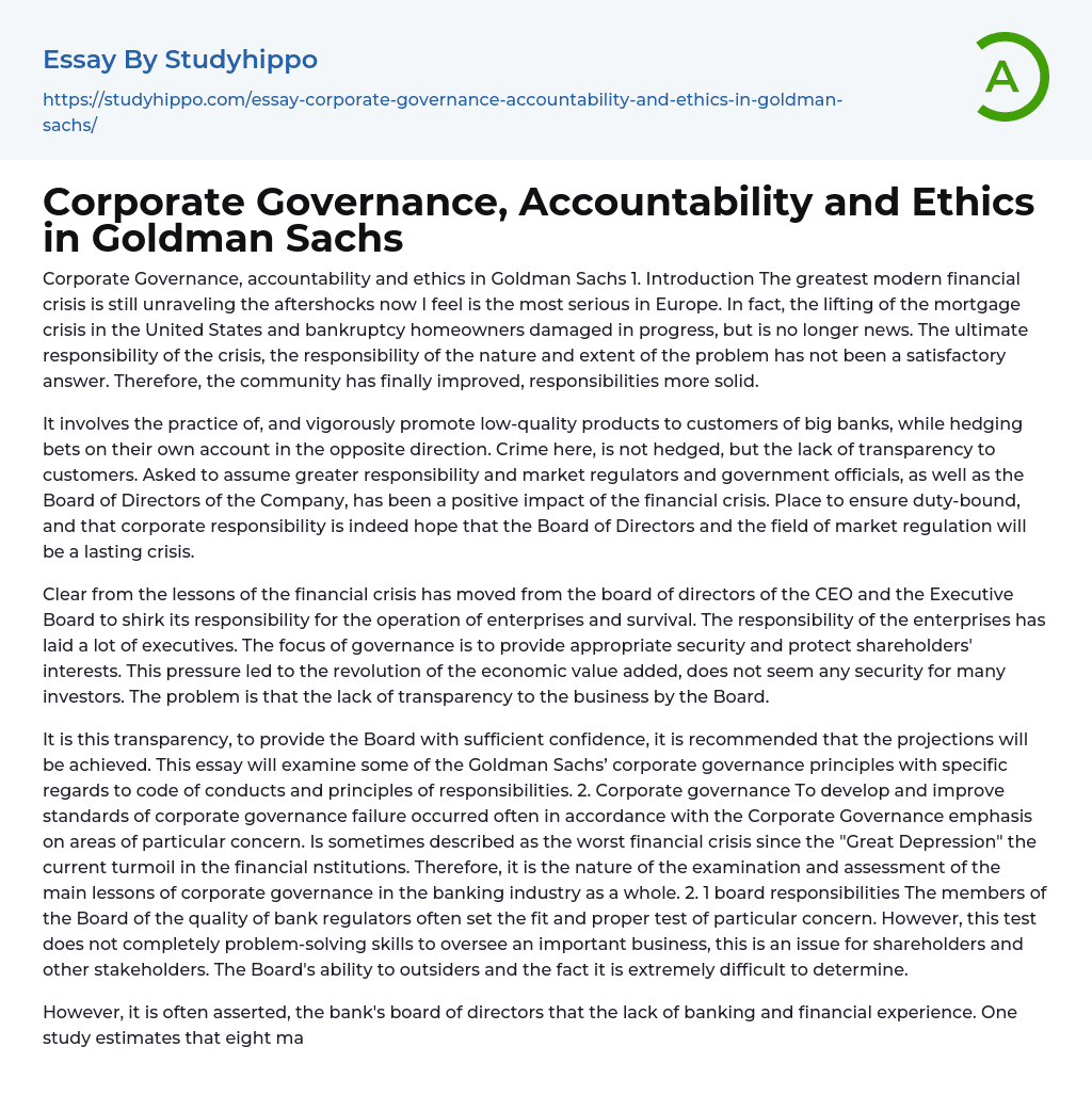 Corporate Governance, Accountability and Ethics in Goldman Sachs Essay Example